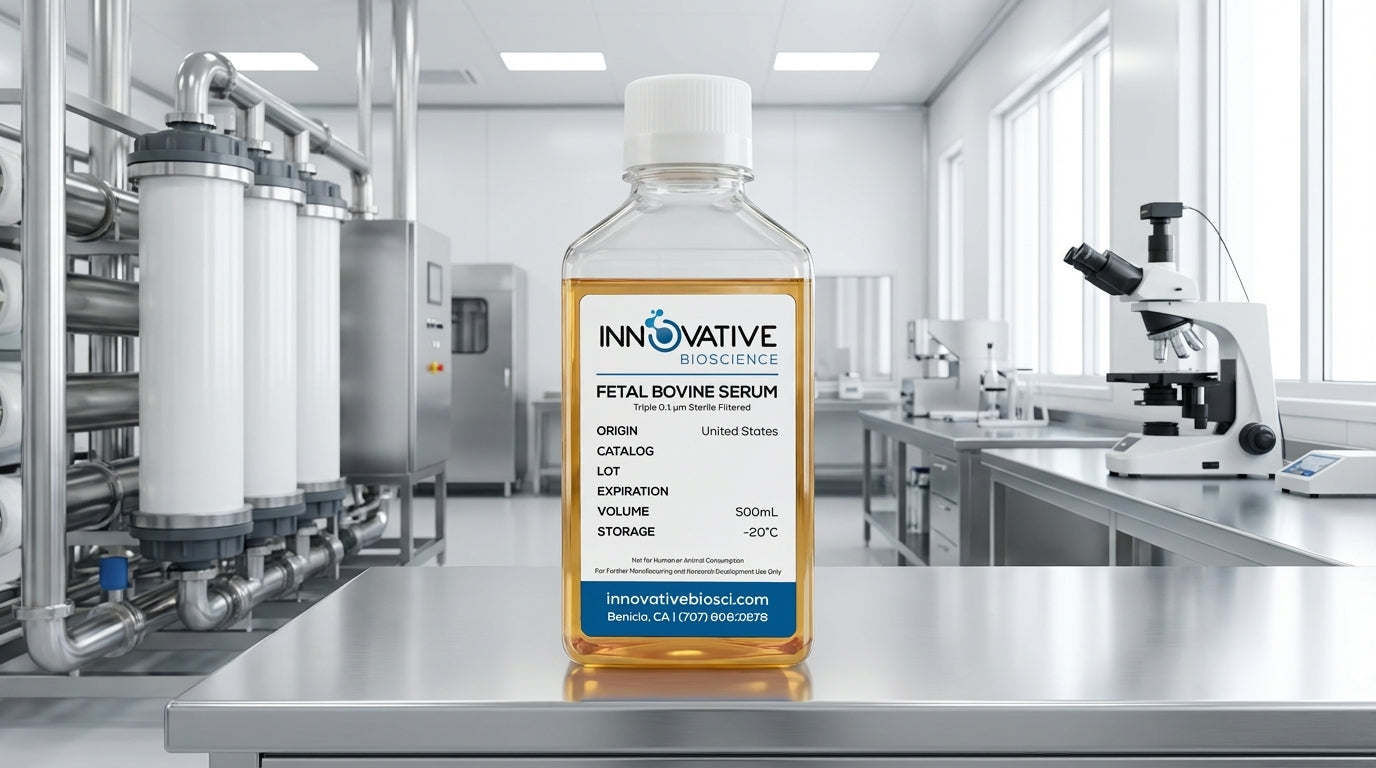 How FBS is made - Innovative Bioscience FBS bottle centered in pharmaceutical manufacturing facility with filtration equipment and quality control microscope