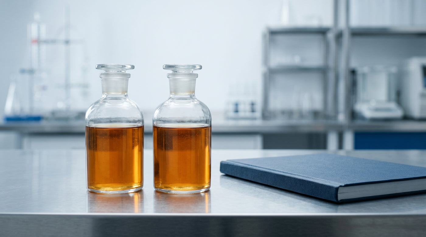 Two unbranded clear glass bottles of amber serum side by side with reference journals on a laboratory bench