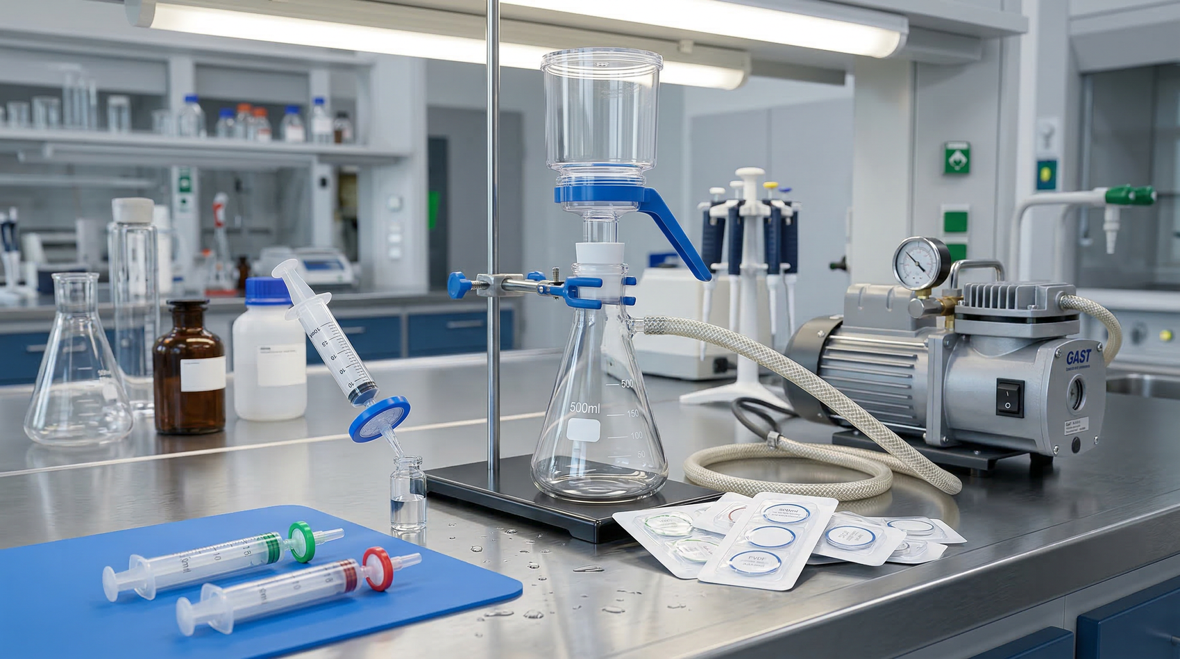 Laboratory filtration equipment including syringe filters, bottle-top vacuum filter, and filter membranes