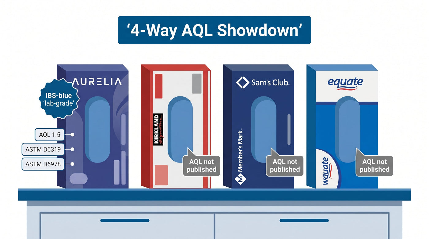 Editorial illustration of a 4-way comparison Aurelia vs Kirkland vs Member's Mark vs Equate nitrile glove boxes