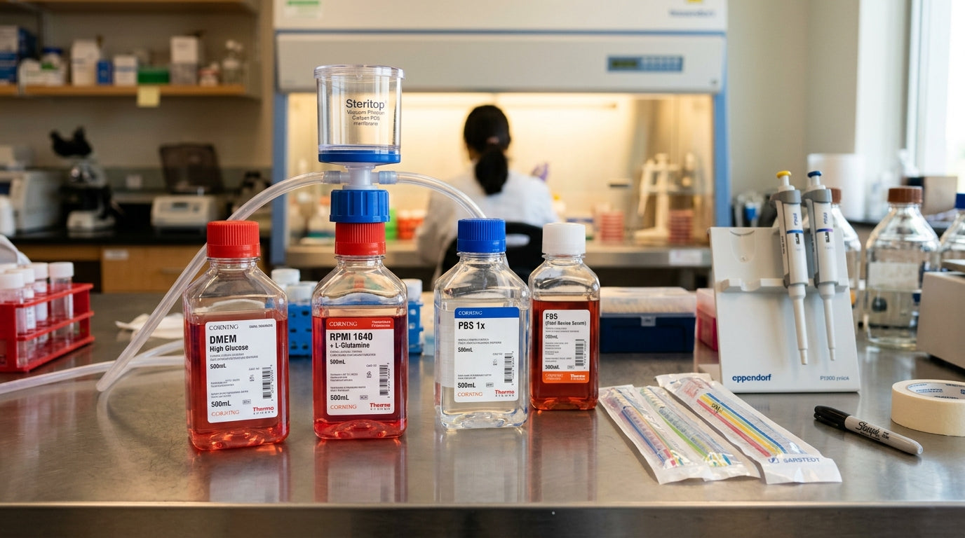 Cell culture media bottles — DMEM, RPMI 1640, and other media on a lab bench with bottle-top filter