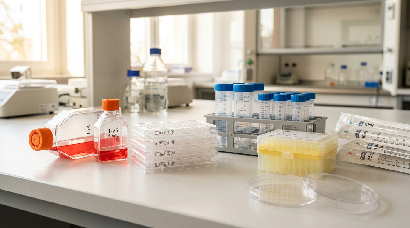 Cell culture plastics — flasks, plates, pipettes, and centrifuge tubes arranged on a lab bench