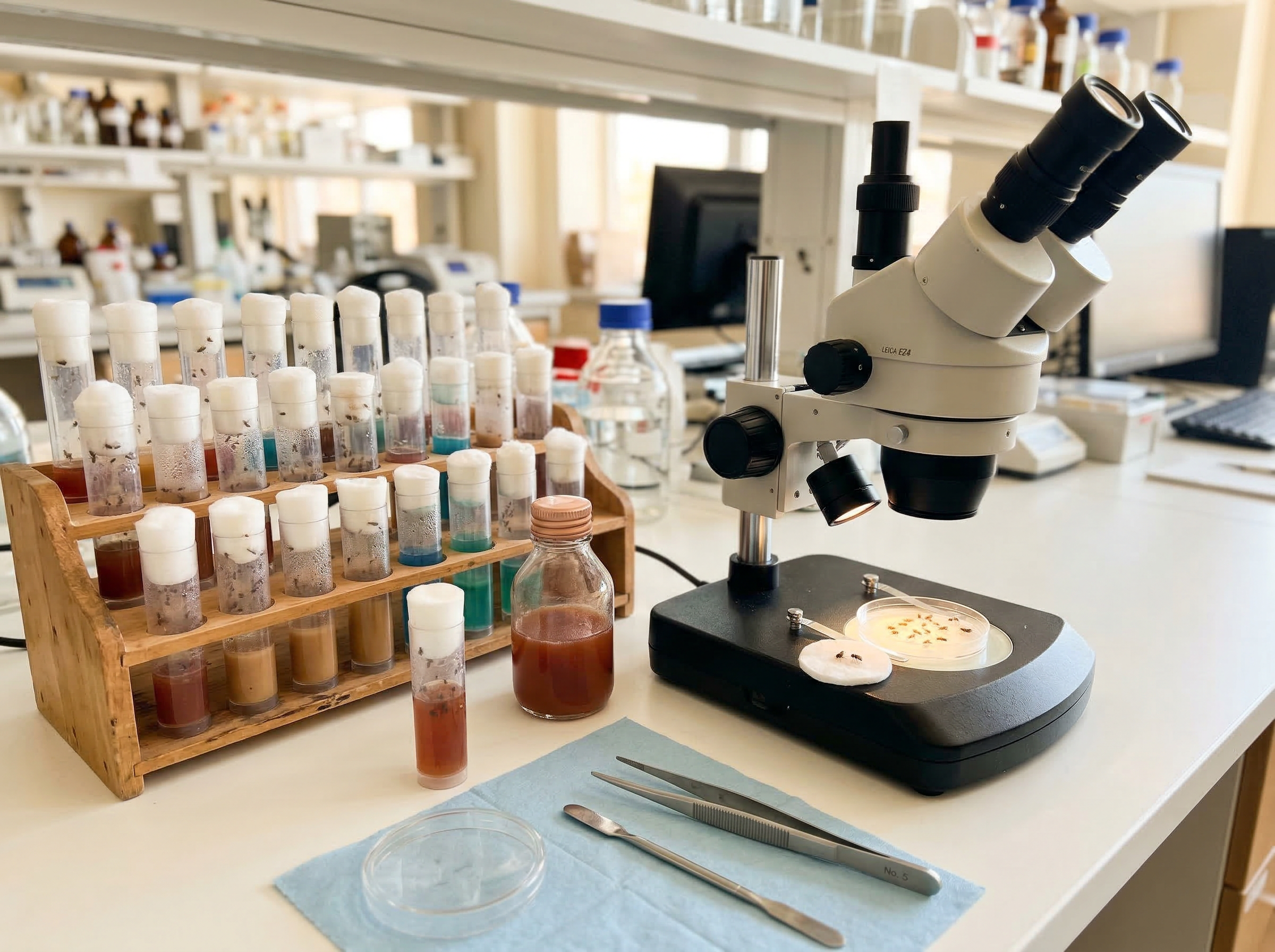 Drosophila research supplies with fly vials foam plugs and stereomicroscope