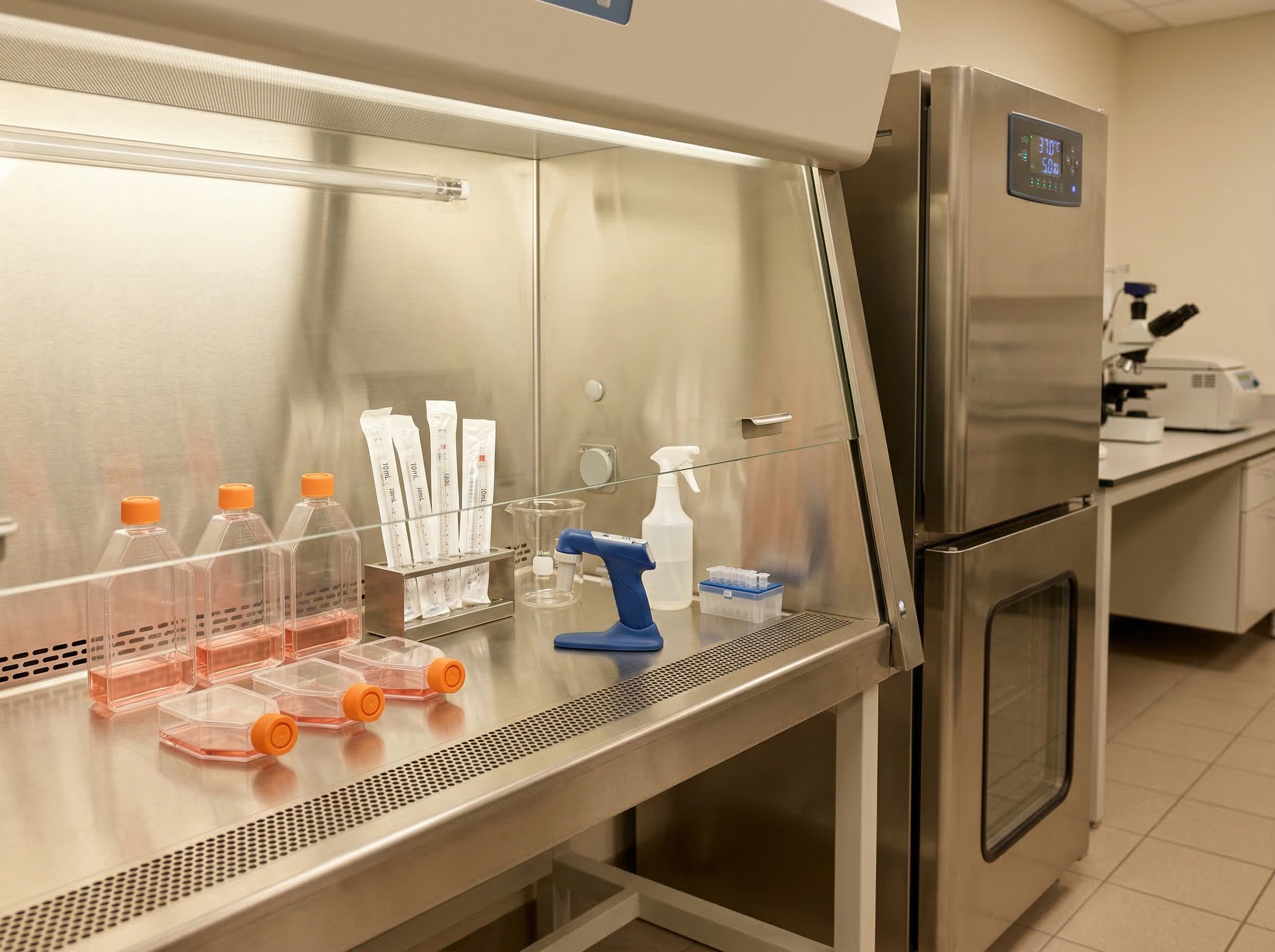 Cell culture biosafety cabinet with T-75 flasks orange caps pink media and CO2 incubator