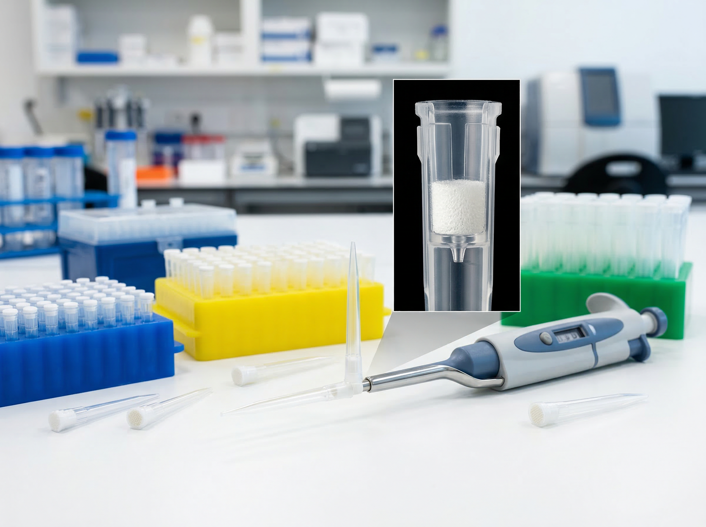 Filter barrier pipette tips showing white hydrophobic filter plugs in racks