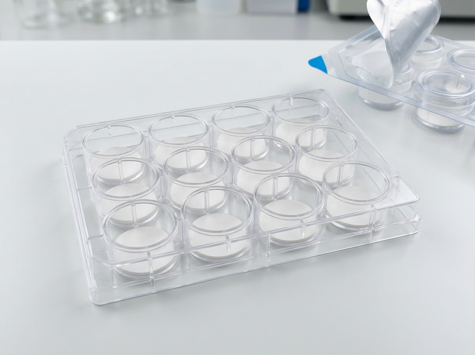 NEST 12-well transwell inserts with polycarbonate PC membrane in companion plate on lab bench