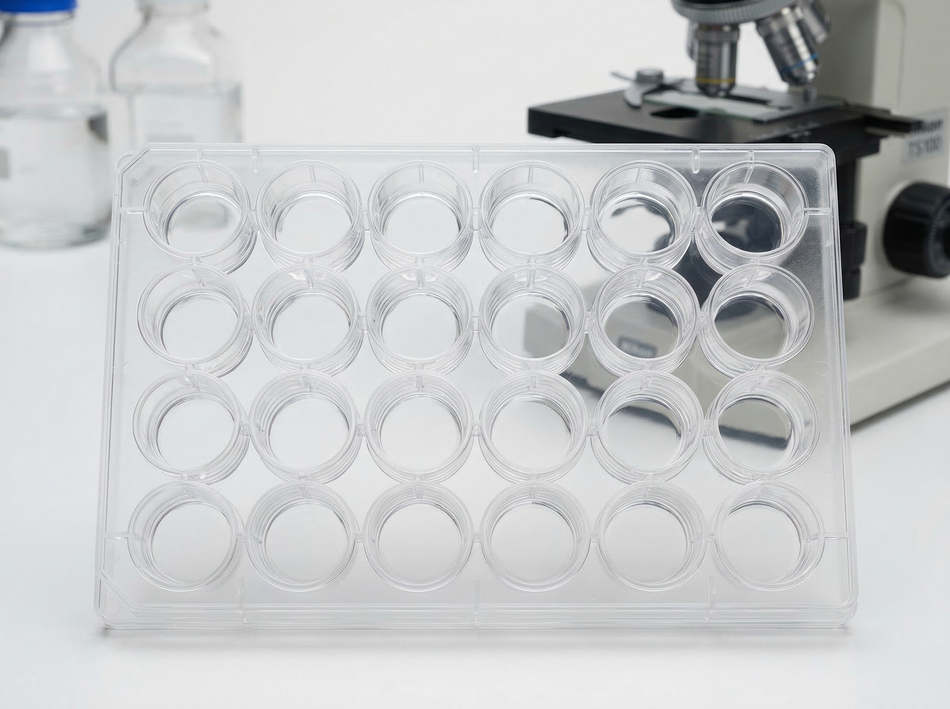 NEST 24-well transwell inserts with transparent PET membrane near microscope on lab bench