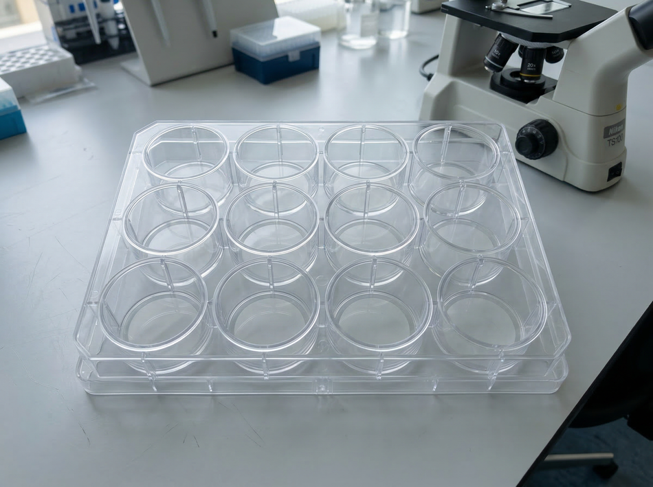 NEST 12-well transwell inserts with transparent PET membrane near microscope on lab bench