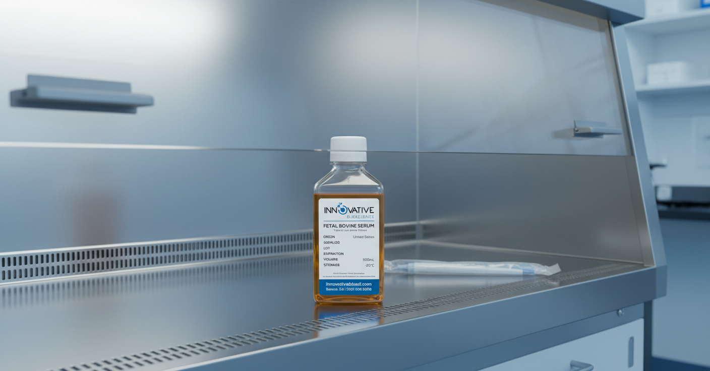 Fetal Bovine Serum bottle in biosafety cabinet - cell culture laboratory
