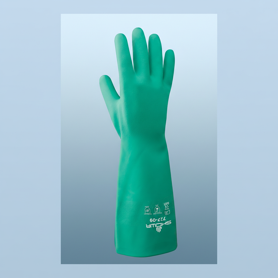 SHOWA 727 unlined nitrile chemical resistant gloves — 13-inch blue nitrile gauntlet