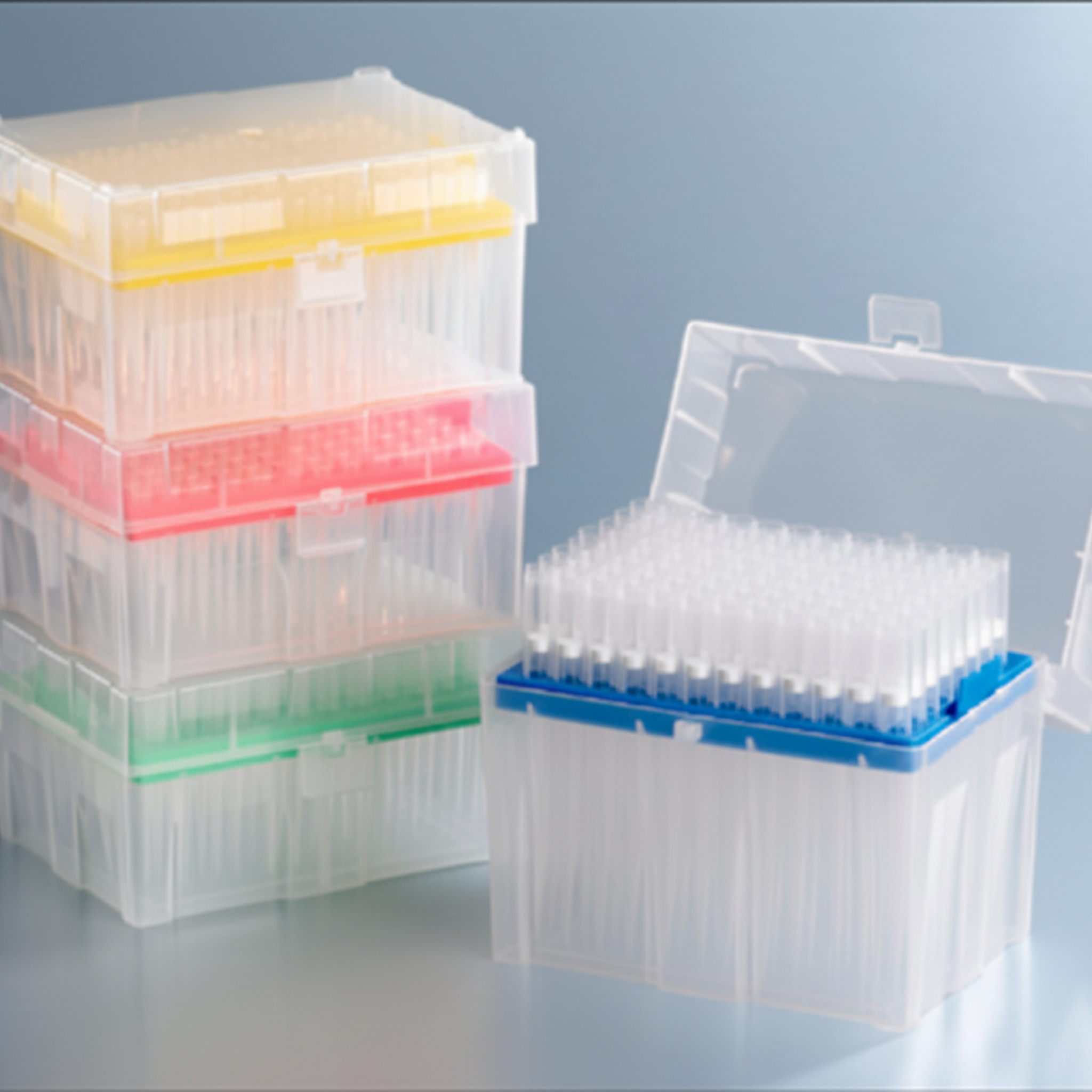Universal filter pipette tips — color-coded hinged racks stacked showing 10µL, 200µL, 300µL, and 1000µL sizes