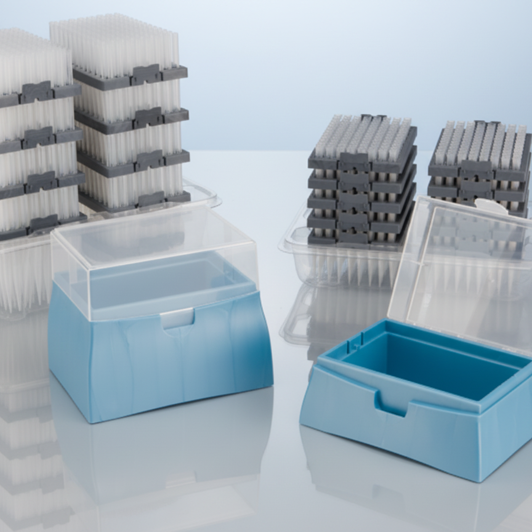 Universal filter pipette tips — complete MultiRack refill system with stacked racks and reusable blue base units