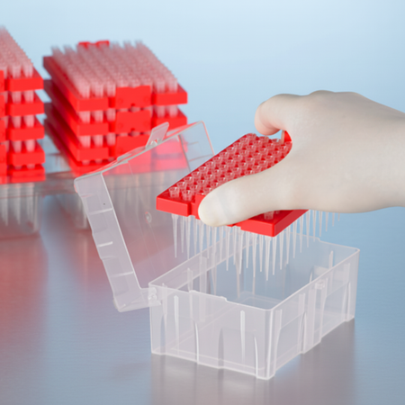 Universal filter pipette tips — gloved hand inserting refill rack into hinged-lid tip box
