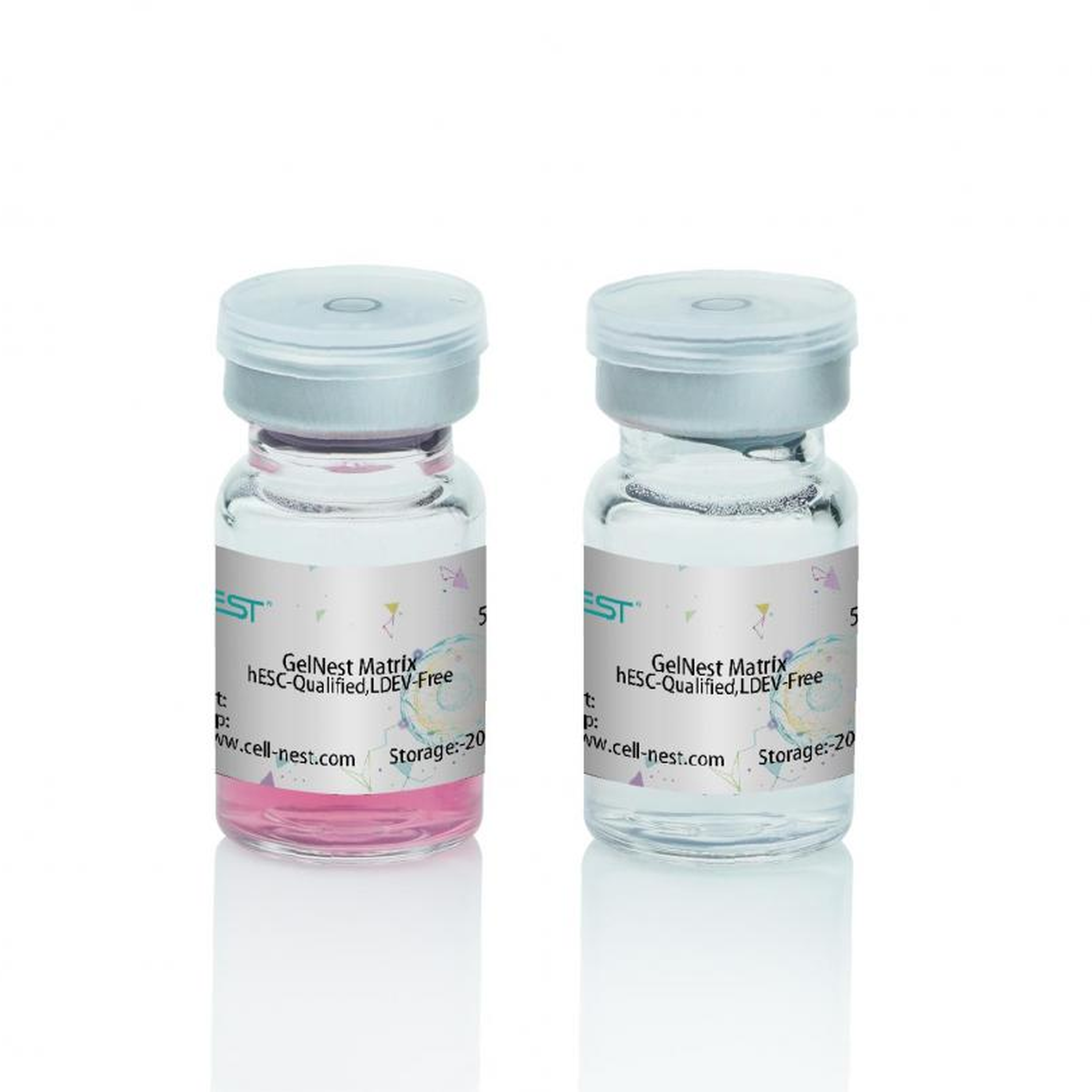 NEST GelNest Basement Membrane Matrix — two glass vials showing phenol red (pink) and clear formulations, hESC-Qualified, LDEV-Free