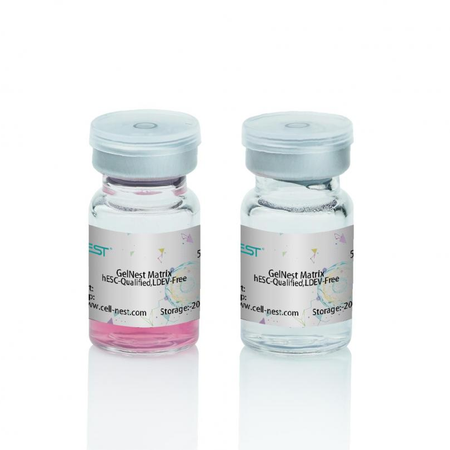 NEST GelNest Basement Membrane Matrix — two glass vials showing phenol red (pink) and clear formulations, hESC-Qualified, LDEV-Free