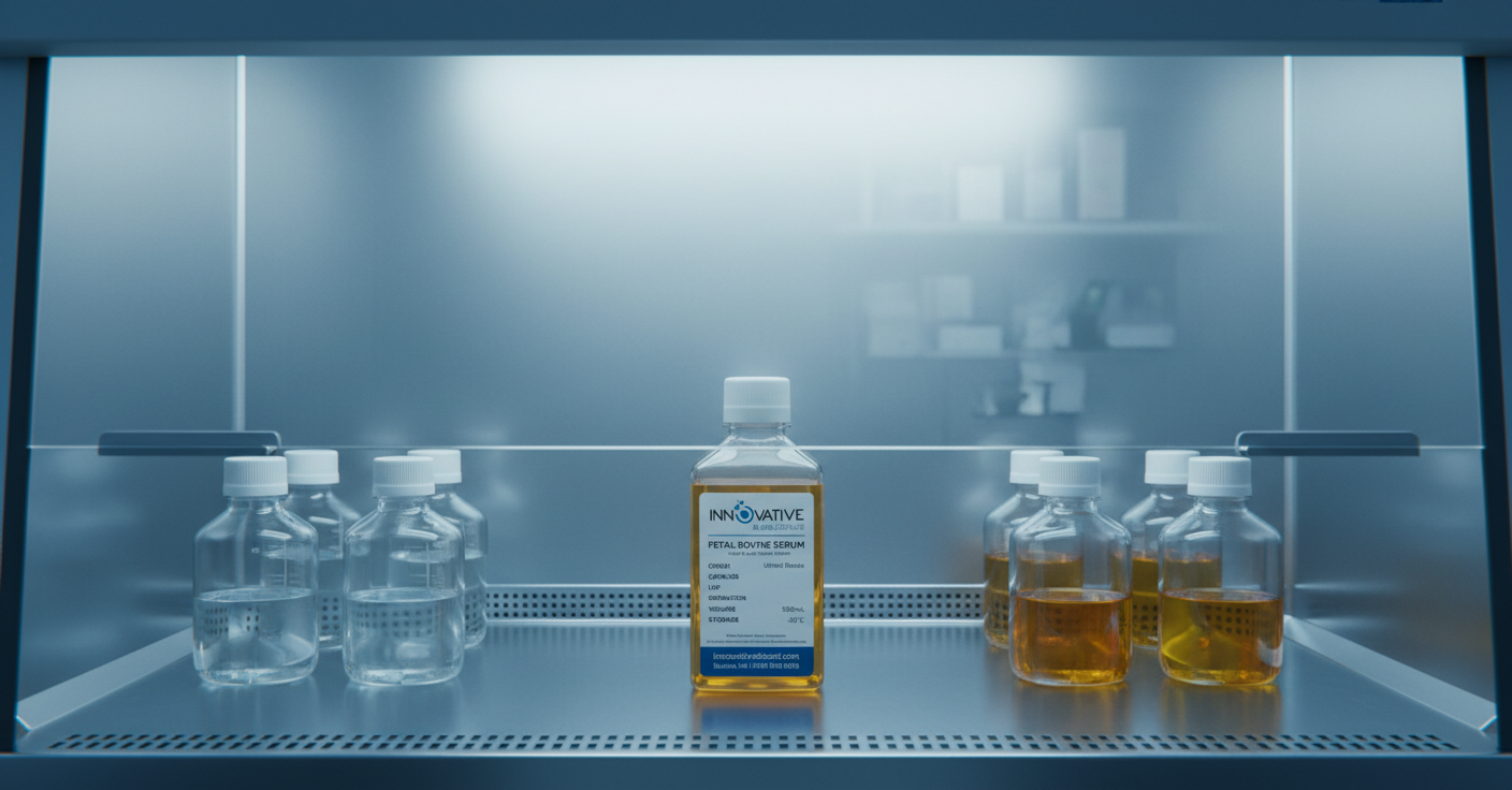 FBS bottle inside cell culture biosafety hood with tissue culture flasks