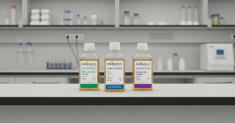 Real Innovative Bioscience animal sera bottles - goat, donkey, rabbit serum on lab shelf