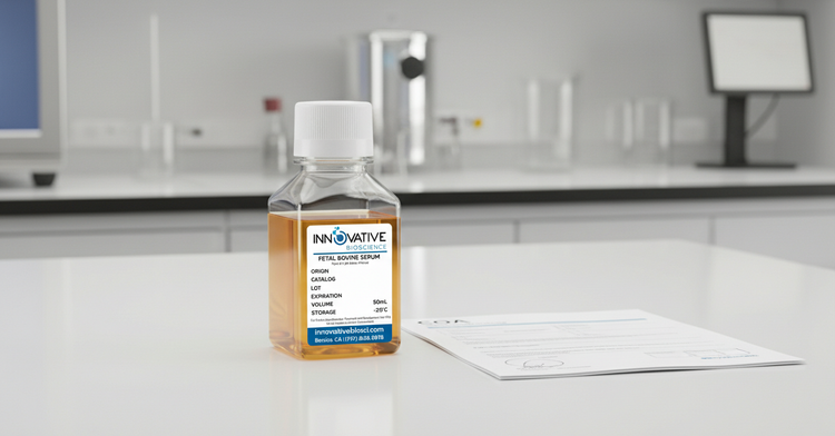 Real Innovative Bioscience 50mL FBS sample bottle on lab bench with COA