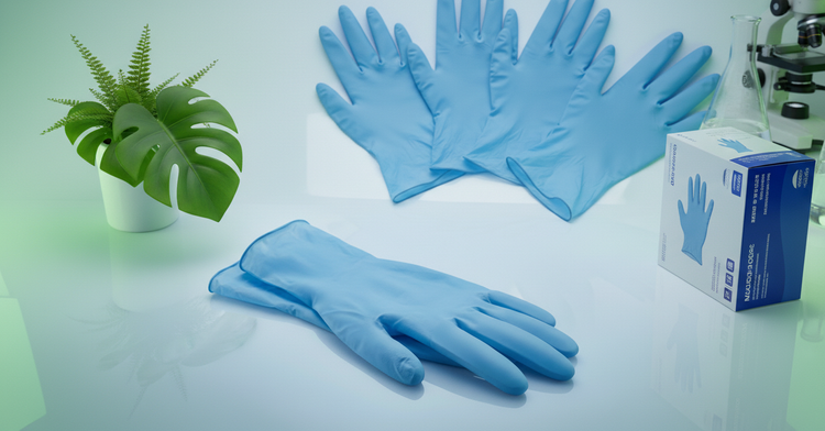 SHOWA blue nitrile lab gloves on bench with dispenser box