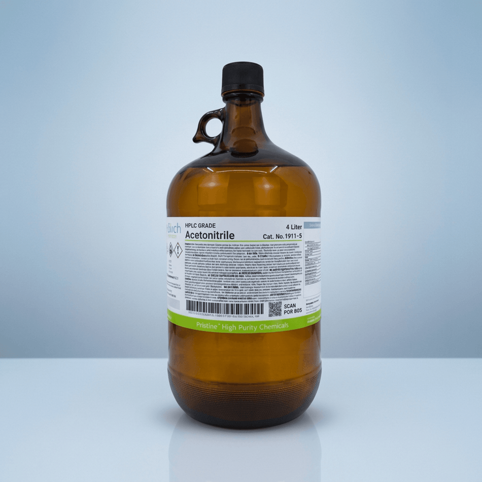 PRISTINE Acetonitrile, HPLC — 4L amber glass bottle with specifications label