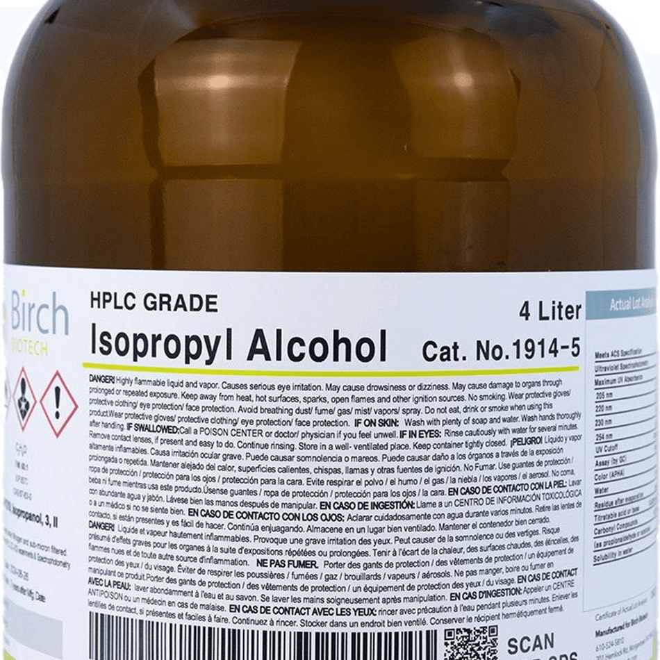 PRISTINE Isopropyl Alcohol | HPLC Grade - Labeled Bottle