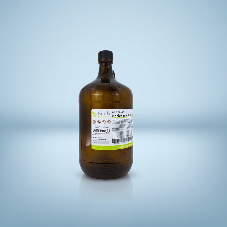 PRISTINE n-Hexane 95%, HPLC — 4L amber glass bottle with specifications label