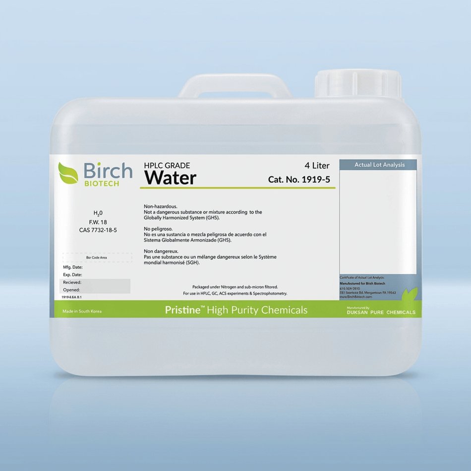 PRISTINE Water, HPLC — 4L amber glass bottle with specifications label