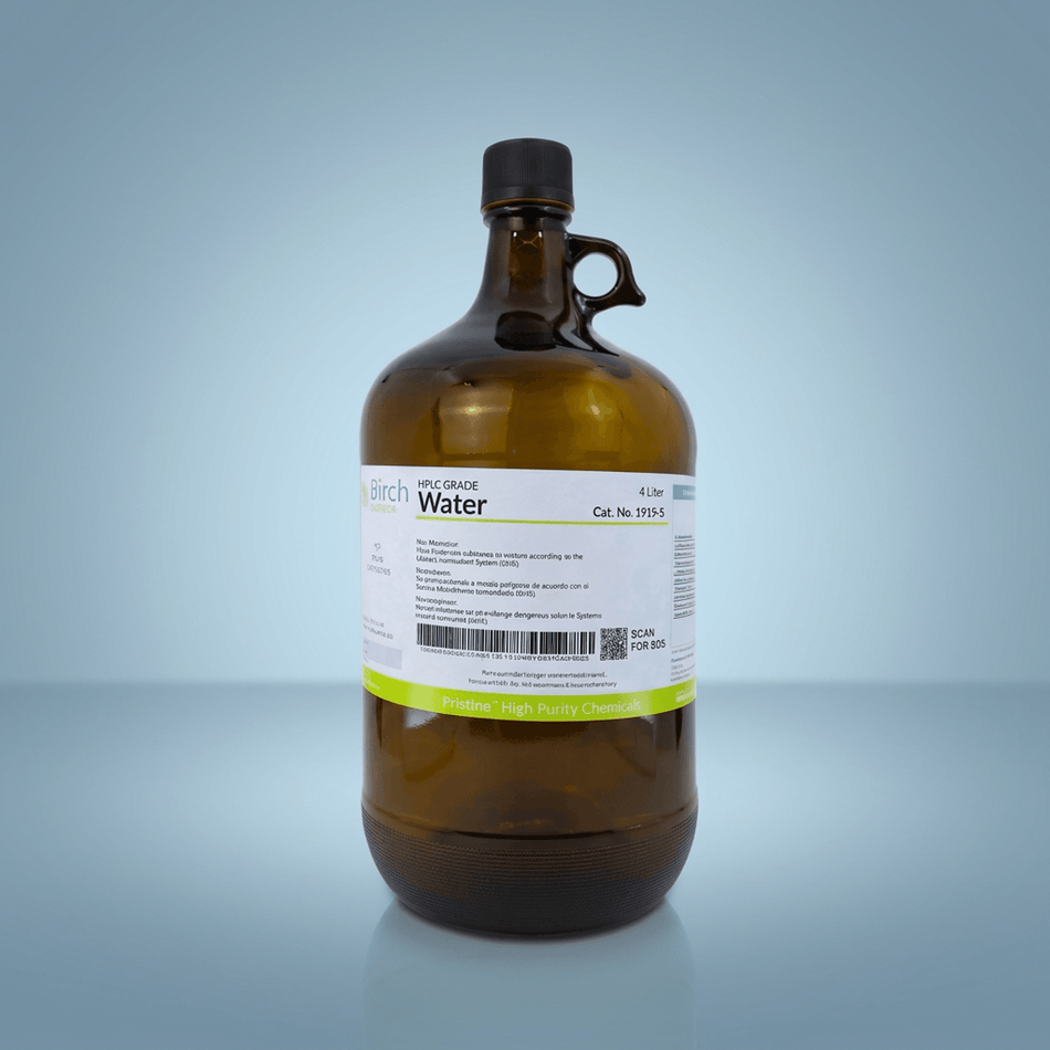 PRISTINE Water, HPLC — label detail showing purity grade and CAS number