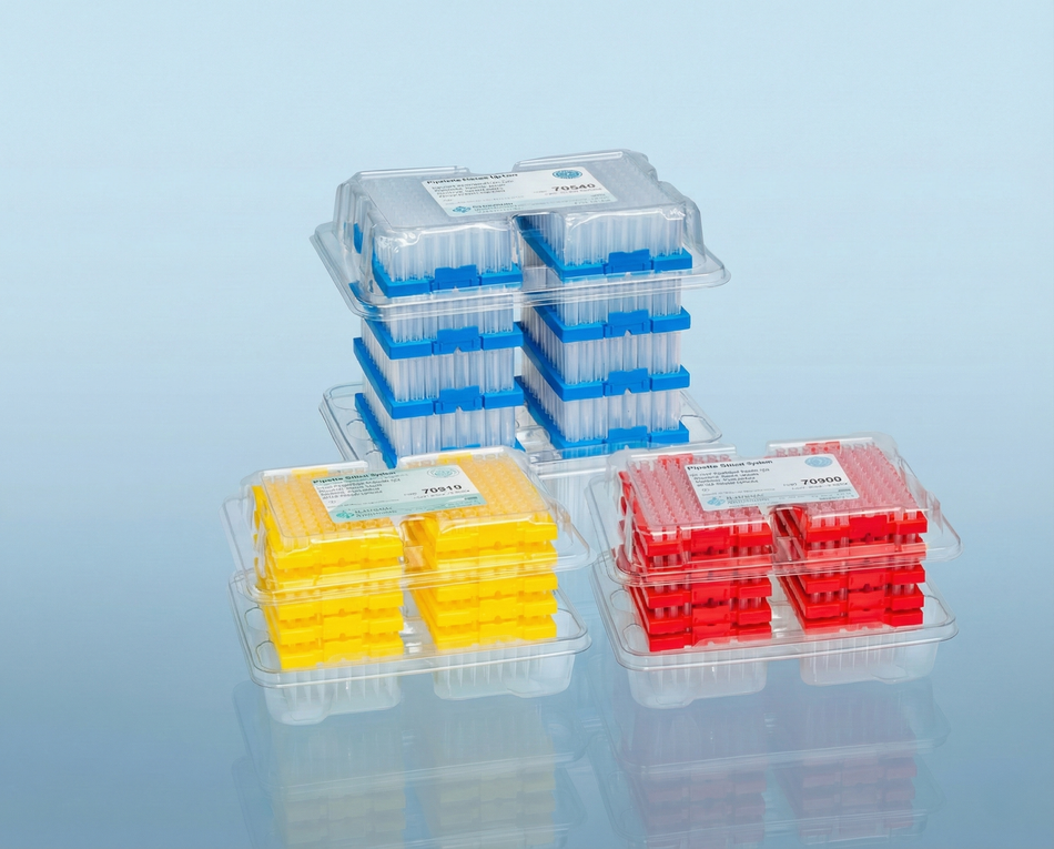 Universal Reload Pipette Tips - all three sizes stacked showing blue 1250 µL yellow 200 µL and red 10 µL reload trays