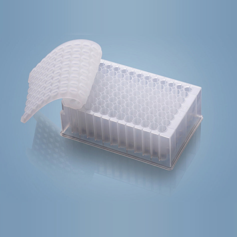 NEST Silicone Sealing Mat Being Applied to 96-Well Deep Well Plate