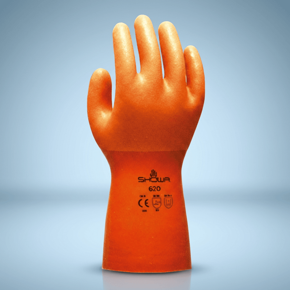 SHOWA 620 PVC Chemical Resistant Gloves — orange PVC with cotton liner