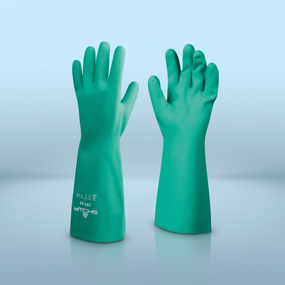 SHOWA 727 Unlined Green Nitrile Chemical Resistant Gloves — 15mil