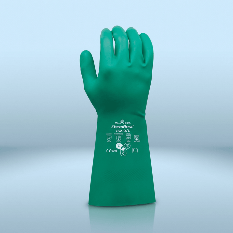 SHOWA 732 Flock-Lined Green Nitrile Chemical Resistant Gloves